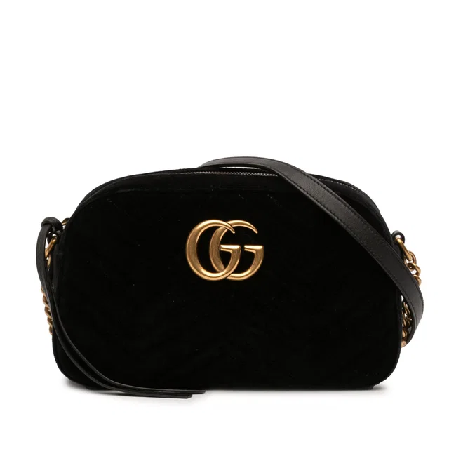 Black Gucci Small GG Marmont Matelasse Velvet Crossbody in Black Velvet from Designer Revival