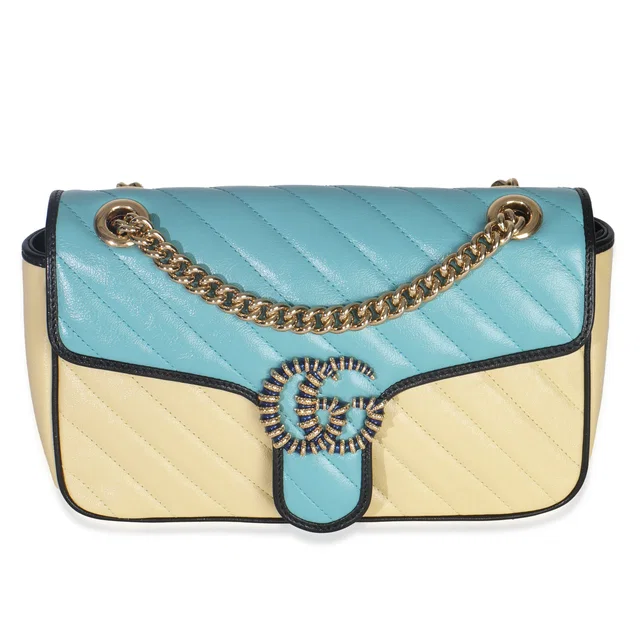 Gucci Blue Yellow Calfskin Matelasse Diagonal Torchon Small Gg Marmont Bag Blue in Blue Calfskin from HEWI