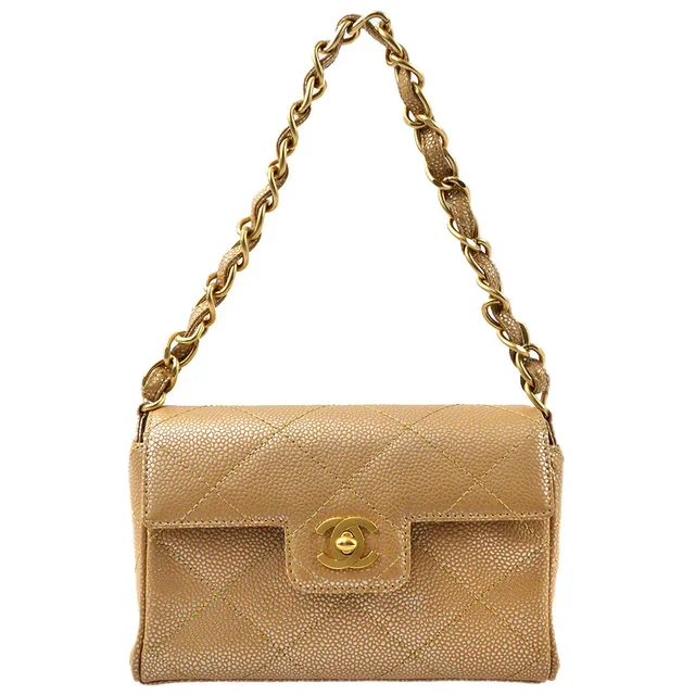 Chanel 2000-2001 Beige Caviar Chain Handbag 18 in Beige Caviar leather from AMORE Vintage Tokyo