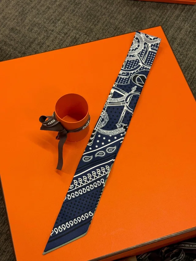 Hermès Twilly - Navy & Khaki Bandana Print in Navy Silk from Luxury Promise