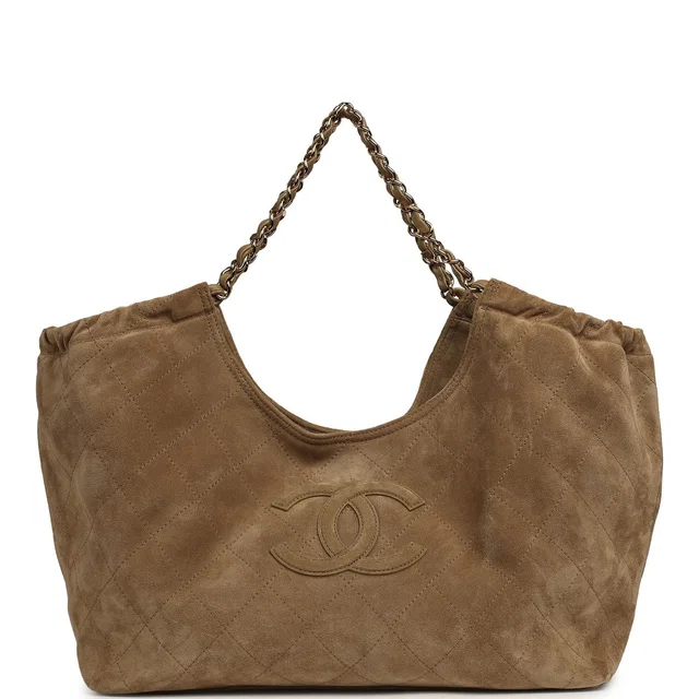 Chanel Large CC Cabas Hobo Bag Dark Beige Suede Gold Hardware in Beige Suede from Madison Avenue Couture