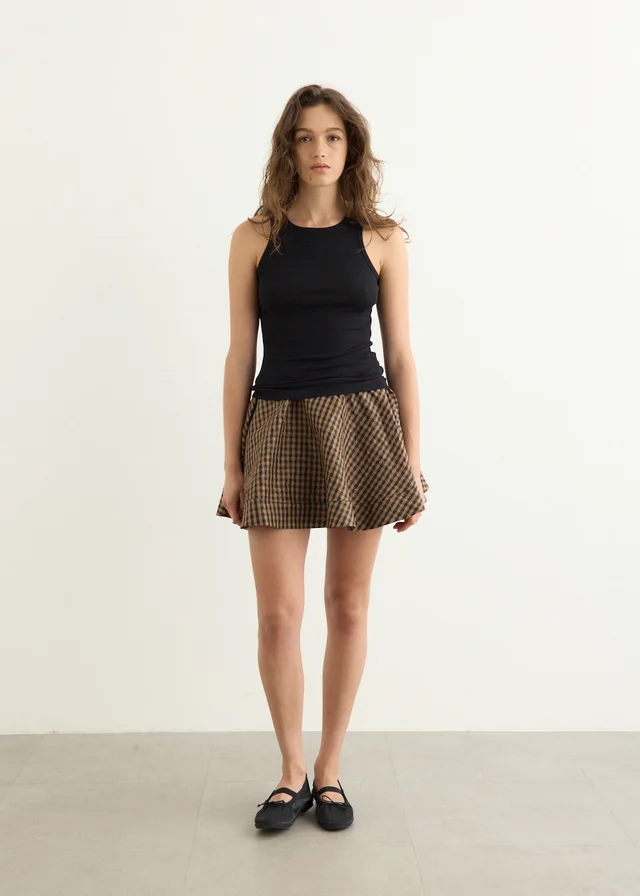 Ganni Crinkled Taffeta Check Mini Circle Skirt in Brown from Incu, photo 1 of 1