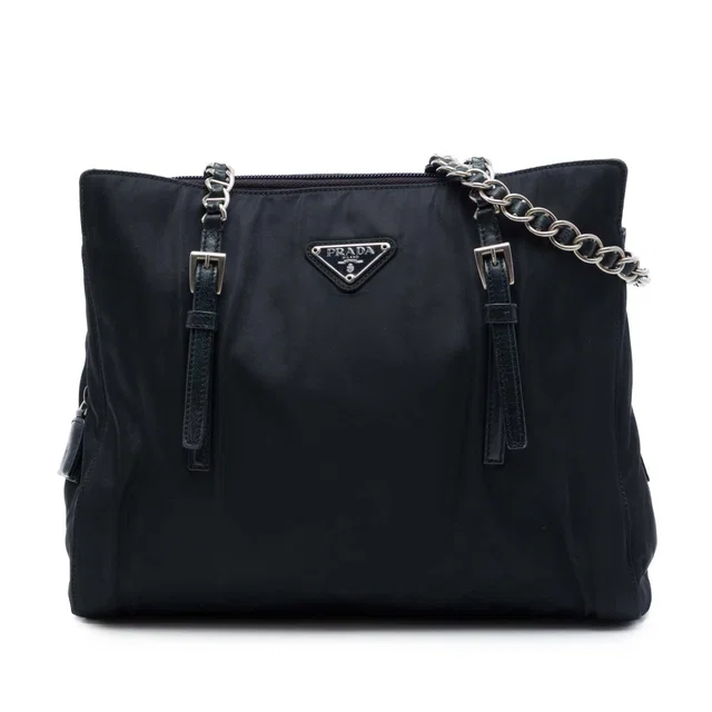 Black Prada Tessuto Chain Tote in Black Woven leather from Designer Revival