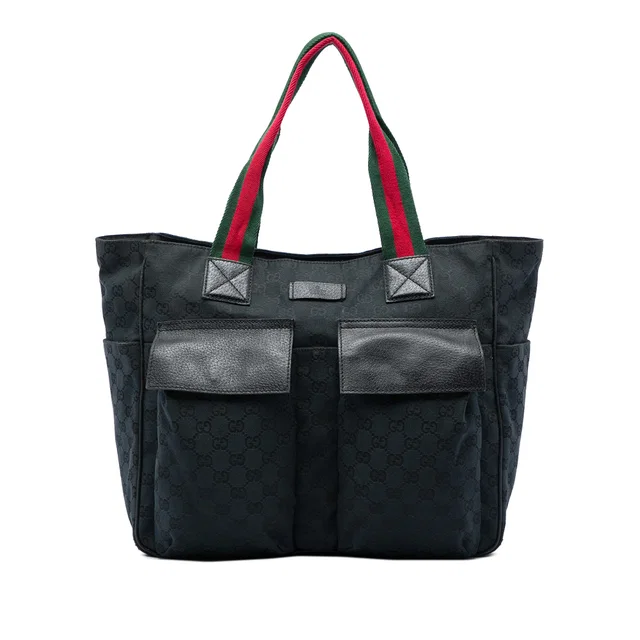 Black Gucci GG Canvas Web Double Pockets Tote in Black Canvas from Designer Revival