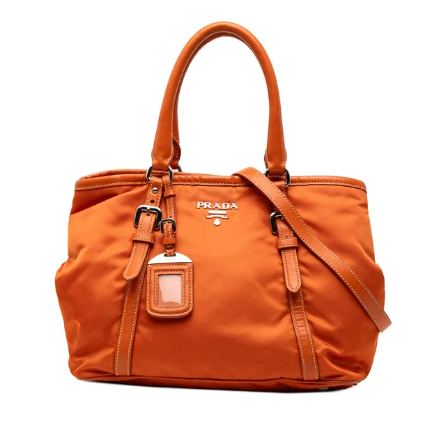 Orange Prada Soft Calf Trimmed Tessuto Satchel in Orange Nylon from Designer Revival