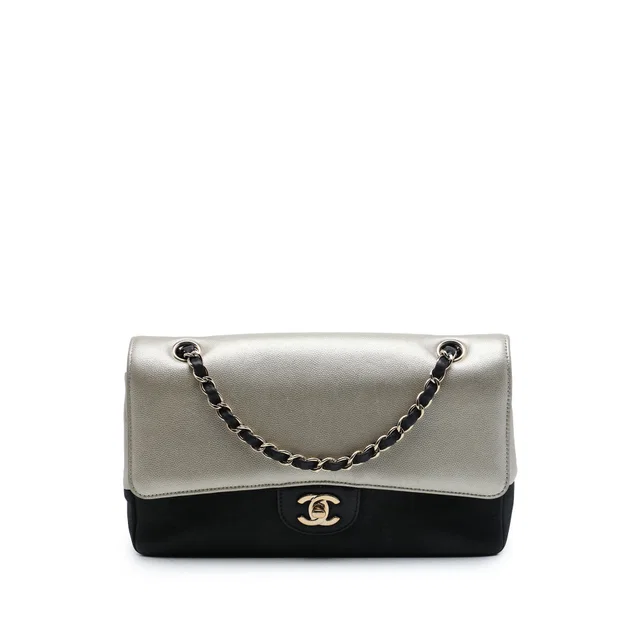 Black Chanel Medium Classic Bicolor Caviar and Iridescent Calfskin Double Flap Shoulder Bag in Black Caviar leather from Designer Revival