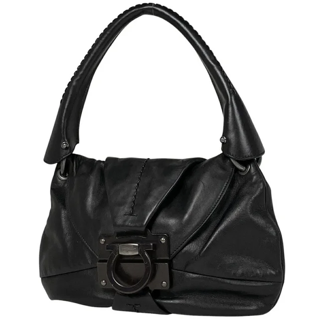 Ferragamo Gancini Shoulder Bag Hobo Handbag Wood Leather Black in black Leather from Poshmark