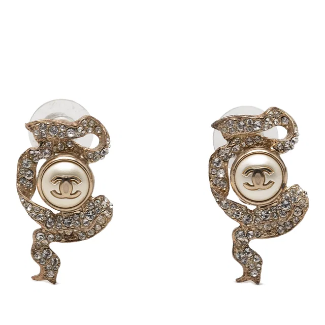Gold Chanel CC Gold Plated Faux Pearl & Strass Ribbon Push Back Earrings in Gold from Designer Revival