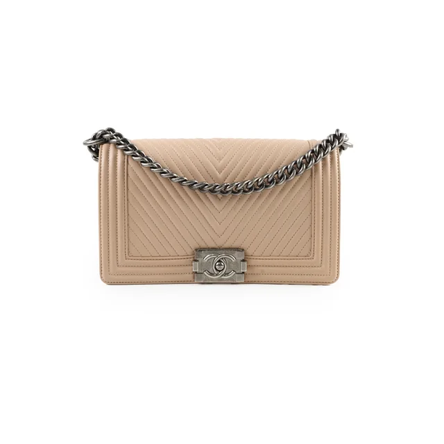 Chanel Boy Old Medium Chevron Beige Lambskin in Beige Lambskin from The Purse Affair