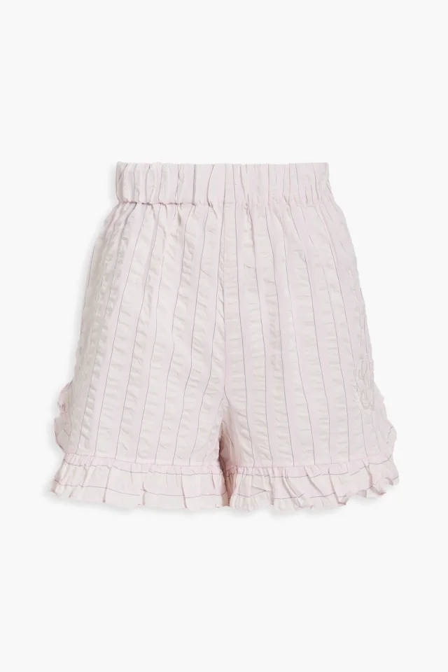 Cherry Blossom ruffled striped organic cotton-seersucker pajama shorts in Pink, image 1 of 1 from THE OUTNET