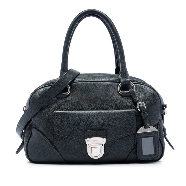 Black Prada Vitello Daino Front Pocket Boston Bag Satchel in Black Leather from Designer Revival