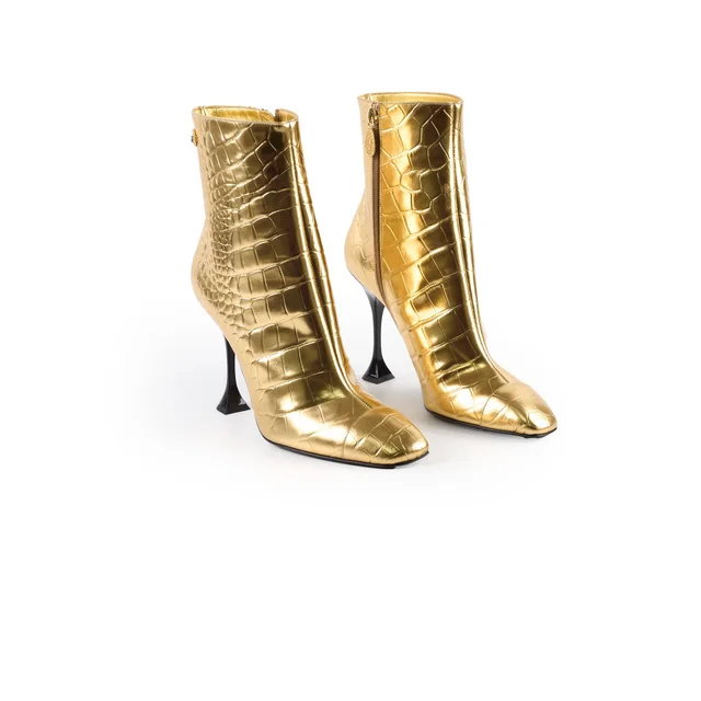 Chanel 19A Heeled Boots Croc Embossed Gold - Size 40 in Gold Crocodile from The Purse Affair
