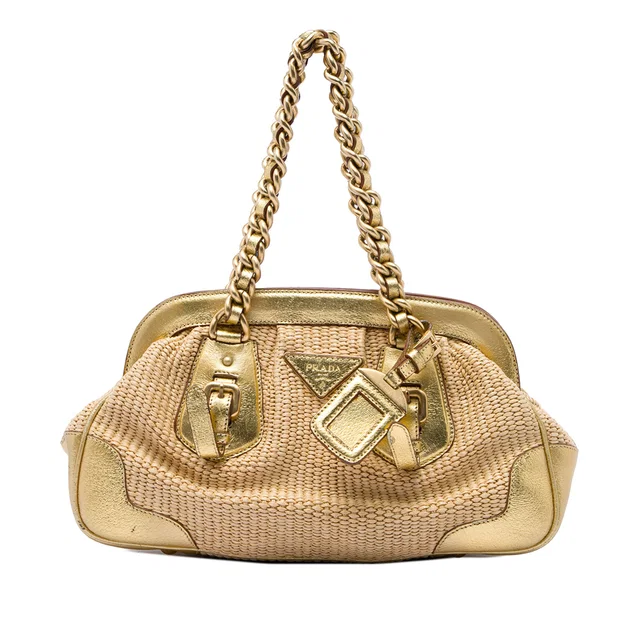 Gold Prada Cinghiale Trimmed Paglia Shoulder Bag in Gold Raffia from Designer Revival