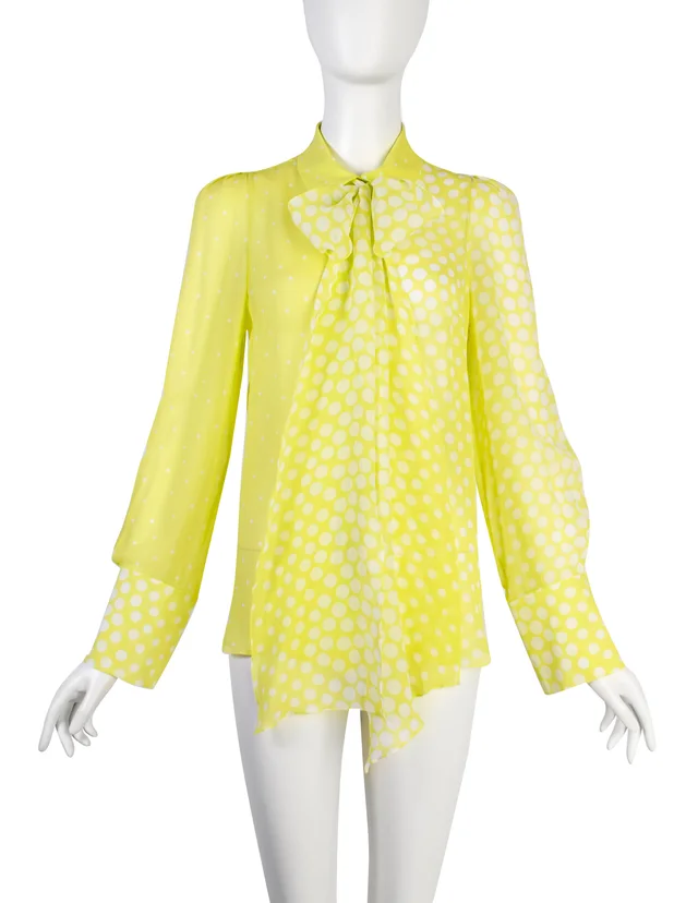Christian Lacroix Vintage Neon Yellow-Green Polka Dot Silk Georgette Lavaliere Shirt in Green Silk from Amarcord Vintage Fashion