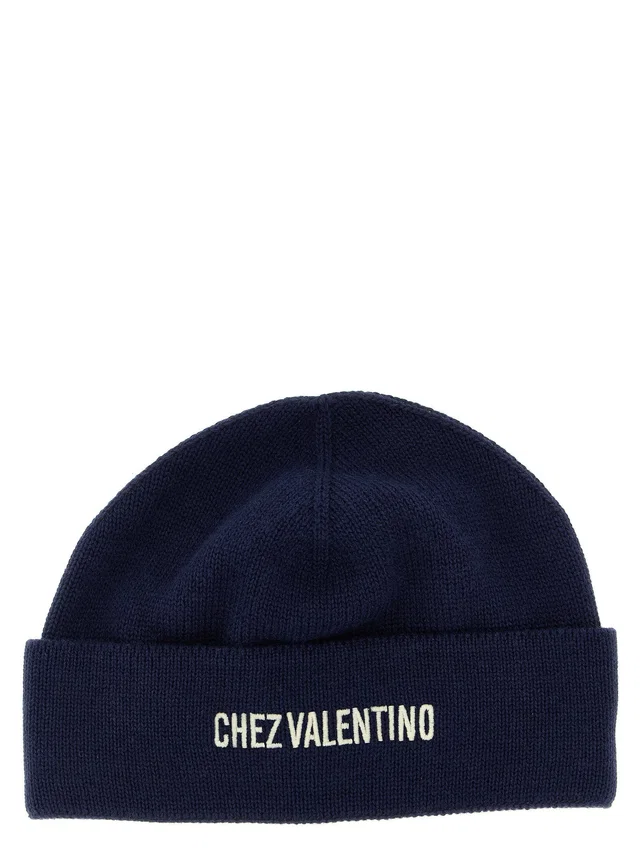 Valentino Garavani Virgin Wool Beanie — Navy Knitted Beanies in Navy Wool from HEWI
