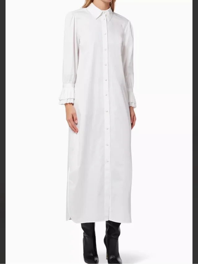 Khaite The Mari Ruffle Long Sleeve Cotton Poplin Shirtdress in white from Poshmark