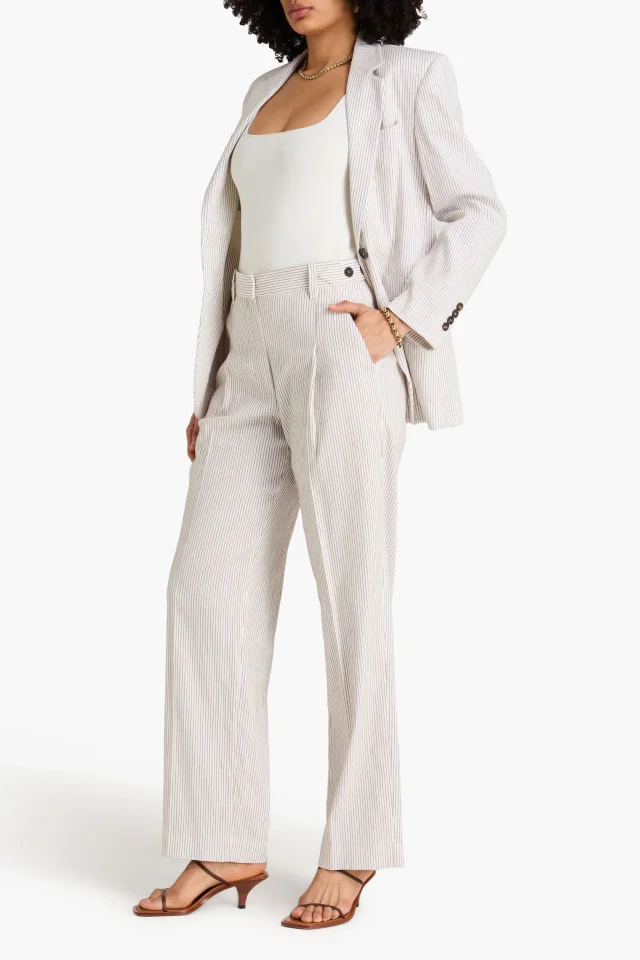 Brunello Cucinelli Striped Linen-Blend Straight-Leg Pants in Brown, photo 2 of 4 from THE OUTNET