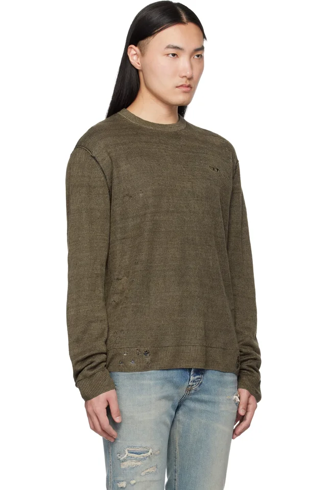 Diesel Khaki Destroyed Linen Sweater, photo 2 of 4 from SSENSE