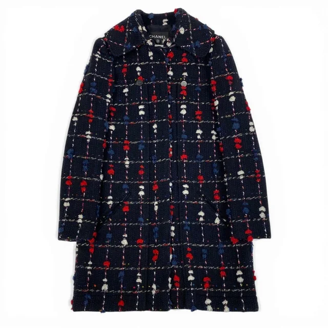 Chanel CC Button Tweed Wool Acrylic Soutien Collar Coat in Tweed from The Reluxe