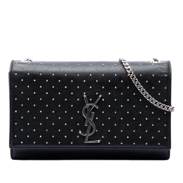 Black Saint Laurent Medium Studded Calfskin Monogram Kate Crossbody in Black Calfskin from Designer Revival