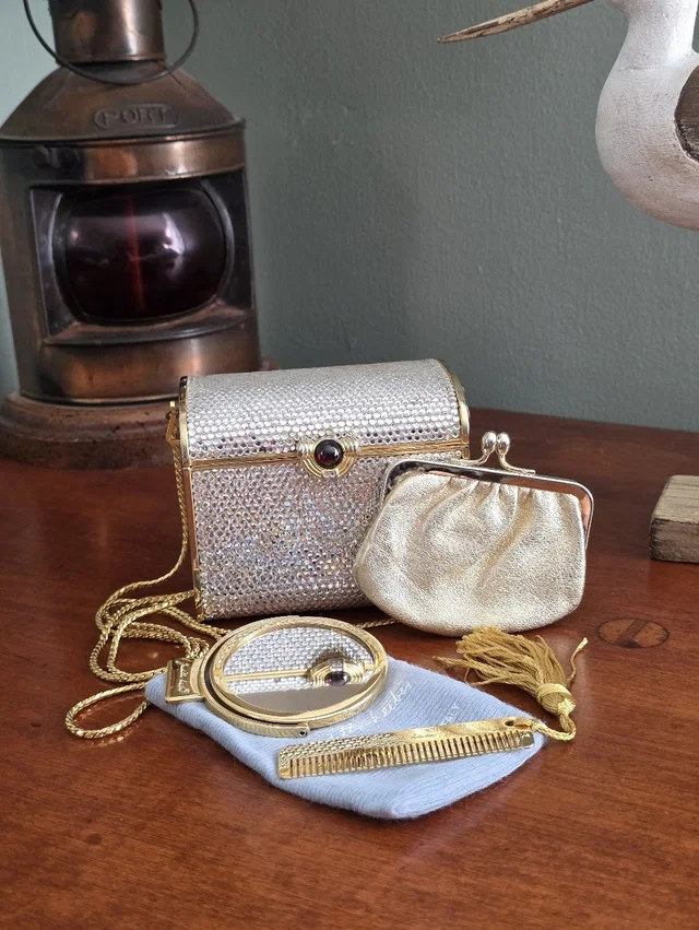 Judith Leiber Crystal Minaudiere Red Cabochon Clasp Evening Clutch Vintage in gold|silver|gray Leather from Poshmark, photo 1 of 1