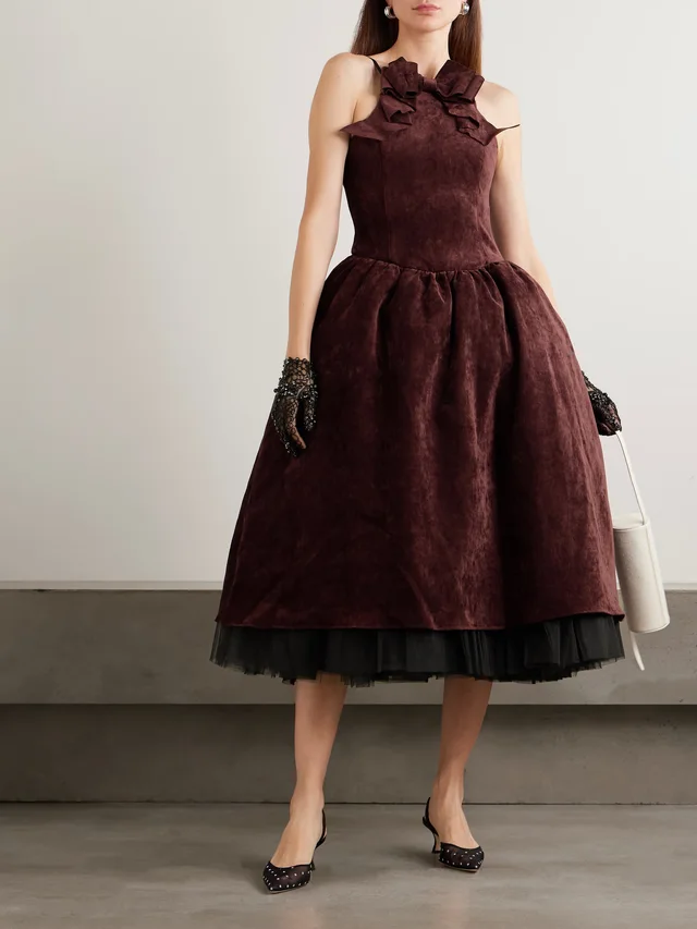 SHUSHU/TONG Bow-embellished crushed-velvet midi dress in Red, photo 2 of 2 from NET-A-PORTER (Canada)