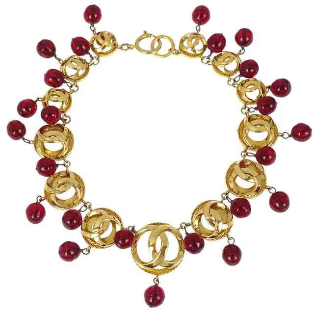 Chanel Medallion Choker Gripoix Gold Burgundy Necklace in Burgundy from AMORE Vintage Tokyo