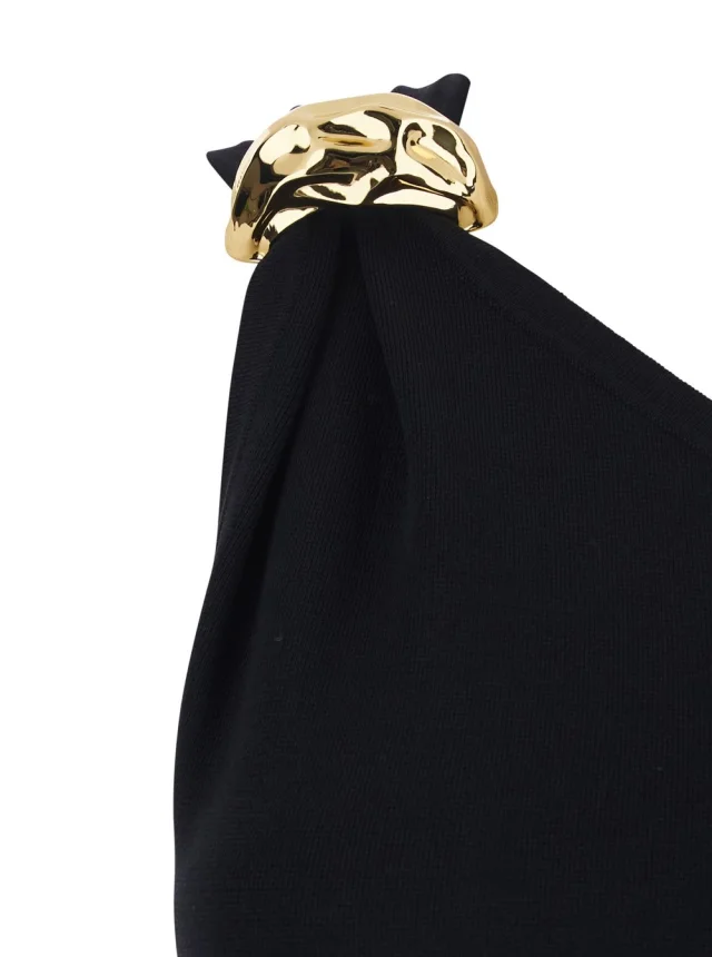 ELISABETTA FRANCHI Black Long One-Shoulder Sleeveless Dress with Asymmetric Neckline in Viscose Blend for Women in Black 71% Viscose 29% Polyester, photo 5 of 6 from Gaudenzi Boutique