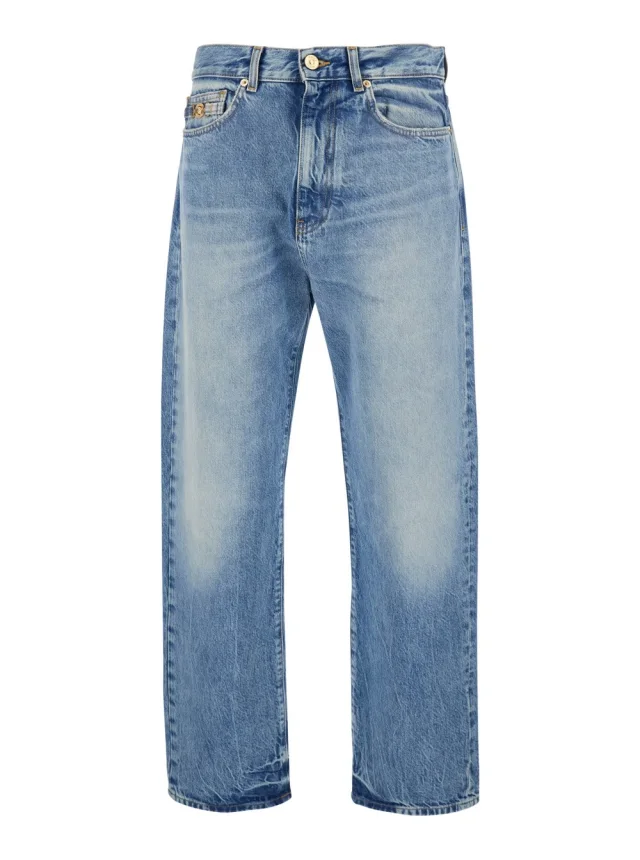 Light Blue Jeans with Logo Patch on the Back and Faded Effect in Denim for Men, image 1 of 1 from Gaudenzi Boutique