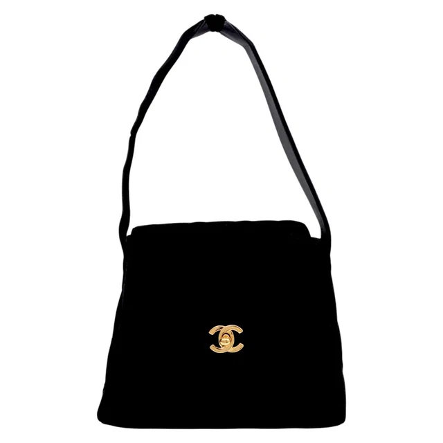 Chanel Made circa 1997, velvet matelassé stitch CC turn-lock handbag, black in Black Velvet from VINTAGE QOO TOKYO