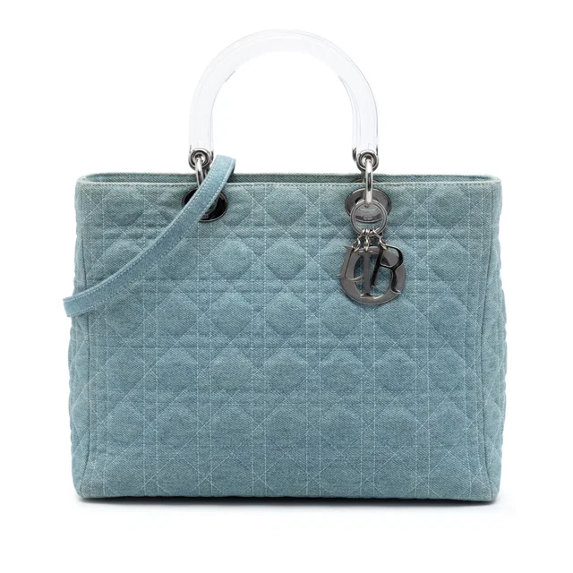 Blue Dior Large Denim Cannage Acrylic Handles Lady Dior Satchel in Blue Denim from Designer Revival