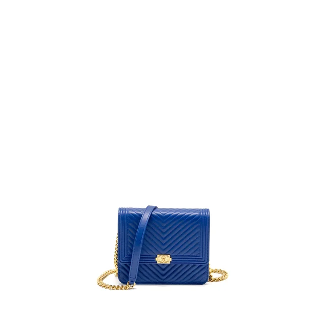 Chanel Boy Clutch with Chain Chervon Lambskin Blue GHW in Blue Lambskin from EMIER