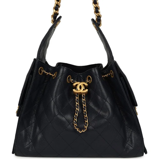 Chanel Small 25 Hobo Bag Dark Navy Caviar Antique Gold Hardware in Navy Caviar leather from Madison Avenue Couture