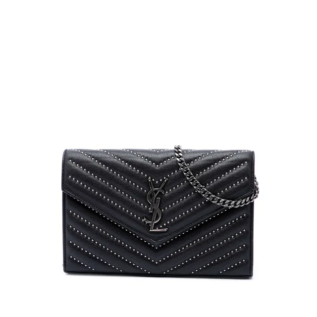 Black Saint Laurent Chevron Studded Sheepskin Monogram Envelope Chain Wallet Crossbody Bag in Black Leather from Designer Revival