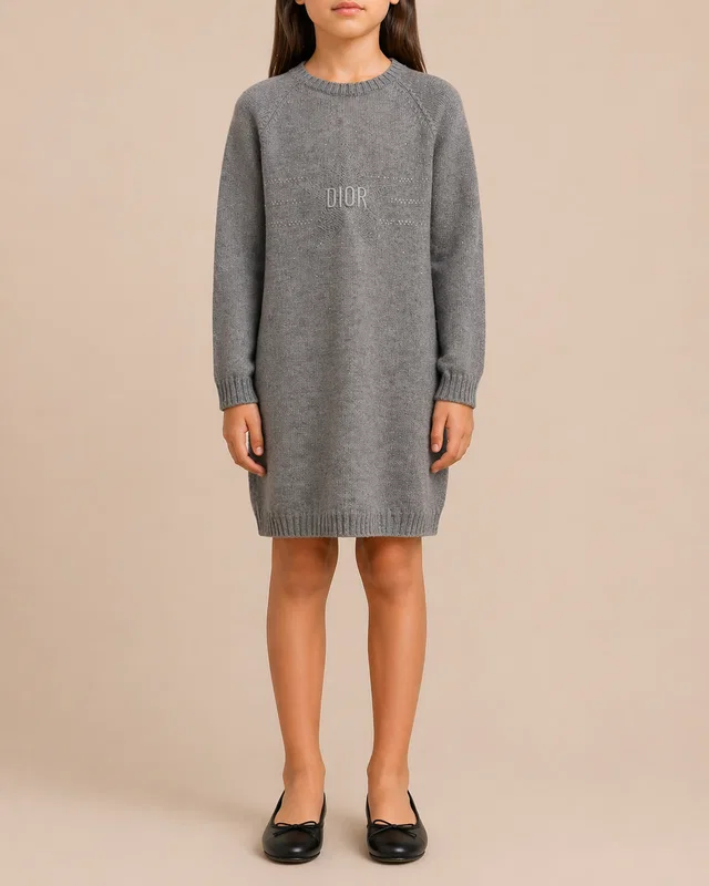 Dior Kids Grey Knit Long-Sleeve Dress with Crystal Embellishments and Embroidered Logo Size 10 years in Grey from Sellier