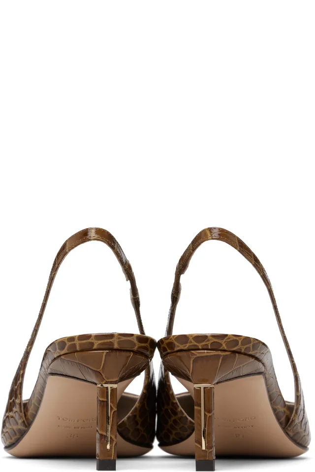 TOM FORD Khaki Shiny Stamped Crocodile T Slingback Heels, photo 2 of 2 from SSENSE
