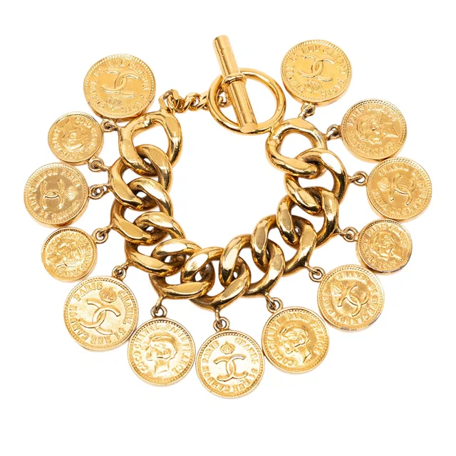 Gold Chanel CC Gold Plated Coins Charm Bracelet in Gold from Designer Revival
