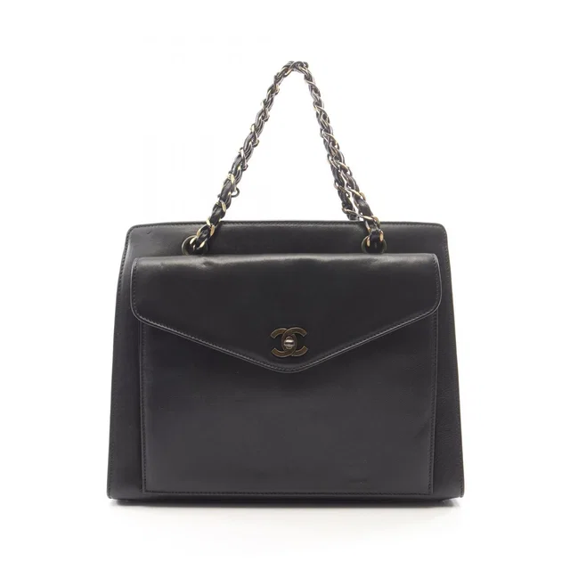 Chanel Handbag CC Logo Black Lambskin Chain in Black Lambskin from The Reluxe