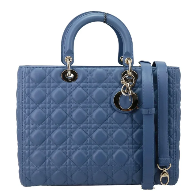 Lady Dior Large Cannage Quilted Lambskin Leather Shoulder Bag Blue in Blue Lambskin from Dallas Designer Handbags