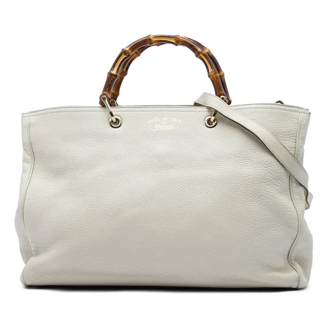 White Gucci Large Calfskin Bamboo Shopper Satchel in White Calfskin from Designer Revival