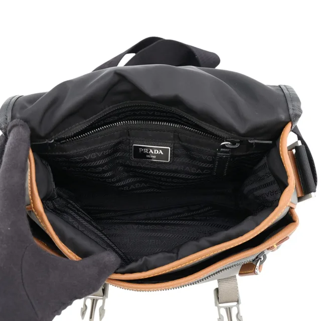 Prada Triangle Logo Shoulder Bag Black/Gray/Brown2VD769 Nylon Saffiano LeatherLeather in Black Saffiano leather from GALLERY RARE, photo 6 of 18