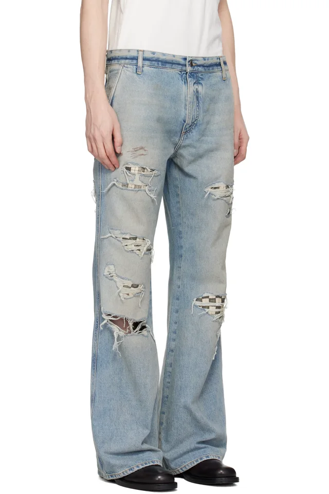 AMIRI Blue Checkered Repair Bootcut Jeans, photo 2 of 4 from SSENSE