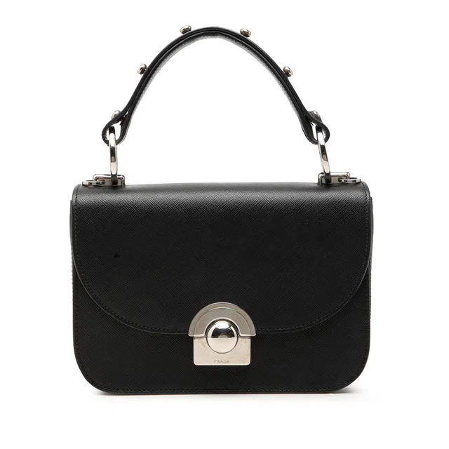 Black Prada Saffiano Lux Arcade Satchel in Black Saffiano leather from Designer Revival