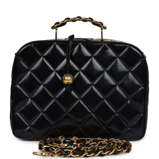 Chanel Vintage Lunchbox Vanity Black Patent Leather Gold Hardware in Black Patent leather from Madison Avenue Couture
