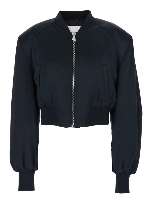 The attico Short Bomber Jacket with Tone-on-Tone Logo Embroidery on the Front in Black Viscose for Women in Black 100% Viscose, photo 2 of 6 from Gaudenzi Boutique