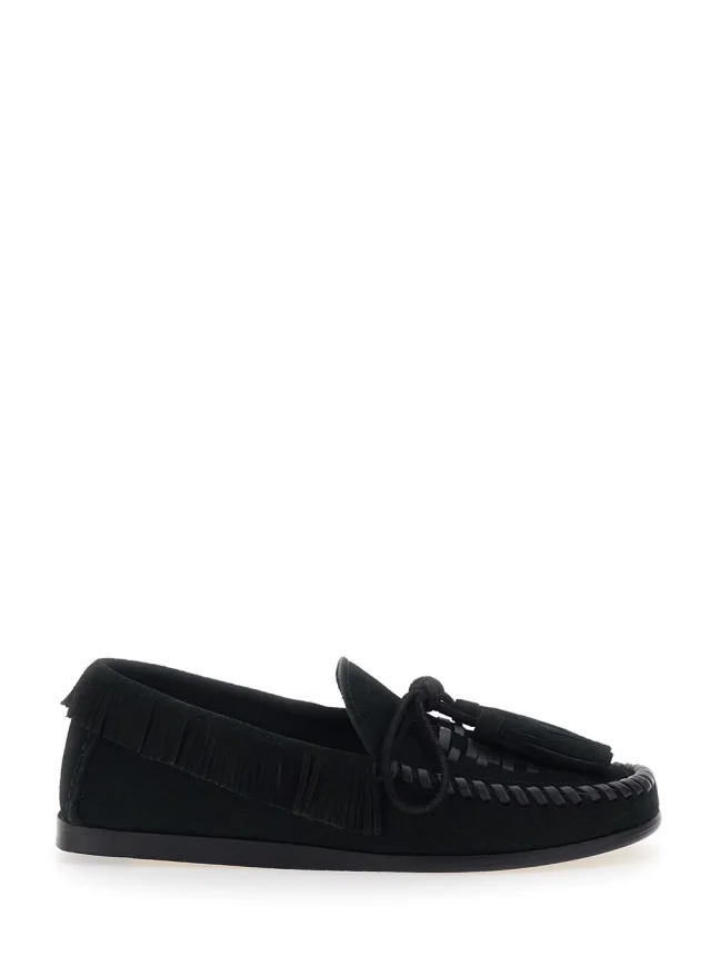 'Fitza' Black Loafers with Fringed Details and Bow on the Front in Suede for Women in Black, image 1 of 1 from Gaudenzi Boutique