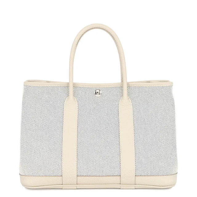 Hermès Garden Party Craie/Ecru/Blue de Prusse Toile H Country Leather Size TPM in White Leather from GALLERY RARE