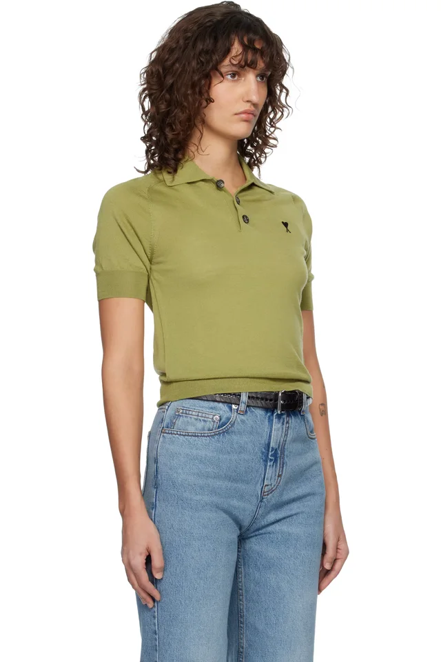 AMI Paris Green Wool Short Sleeves Ami De Coeur Polo, photo 2 of 4 from SSENSE