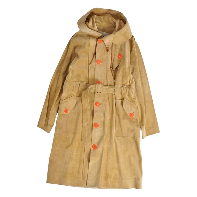 Loewe Coat Long Hooded Suede Leather Beige 36 in Beige Suede from The Reluxe