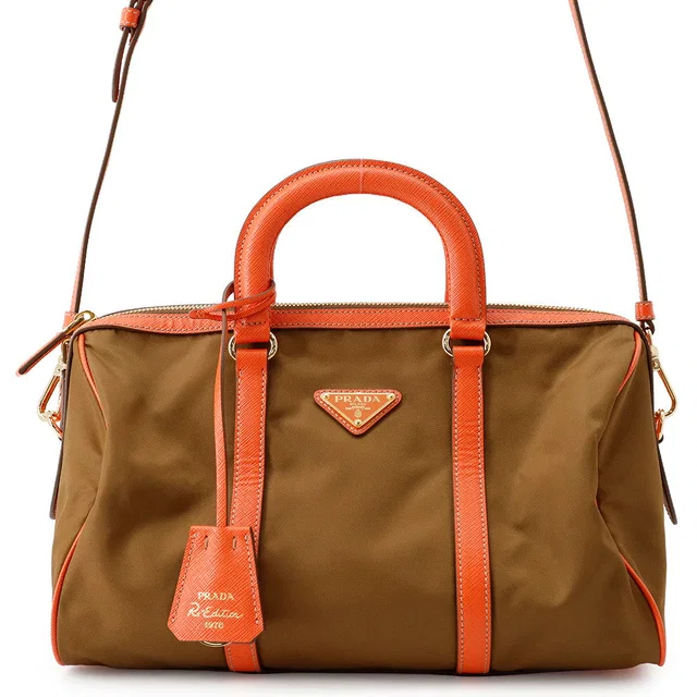 Prada 2way Handbag Orange/Khaki Nylon Leather in Green Nylon from GALLERY RARE